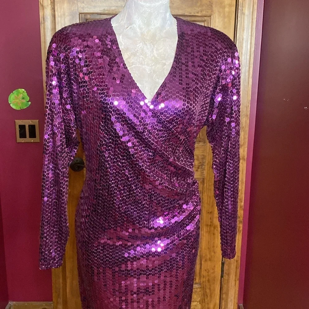 RARE Vtg Purple Sequin Oleg Cassini cocktail formal party midi long Dress sz 10